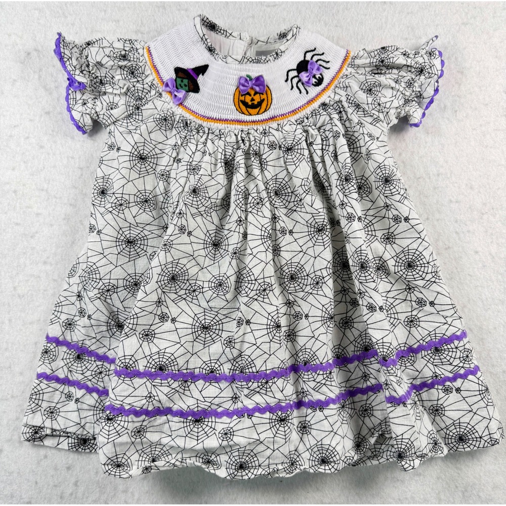 Lil Cactus Halloween Smocked Spider Web Dress 6-12M Pumpkin Witch Boutique